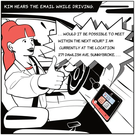 Illustration of a woman driving while hearing an email about a meeting.